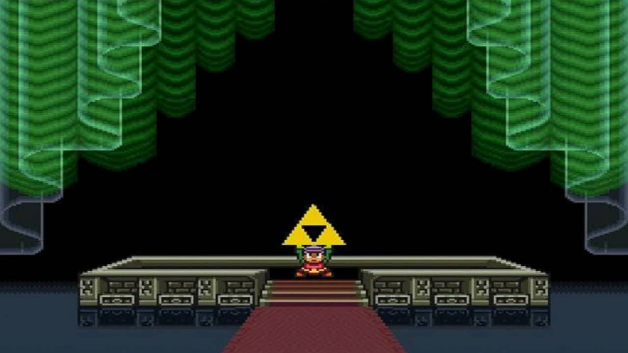 Link holding up the Triforce from The Legend of Zelda: A Link to the Past