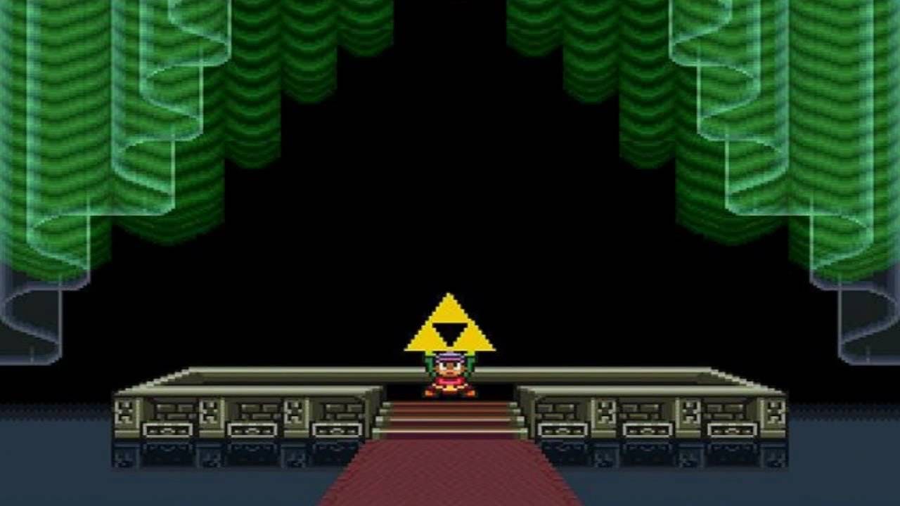 Link holding up the Triforce from The Legend of Zelda: A Link to the Past
