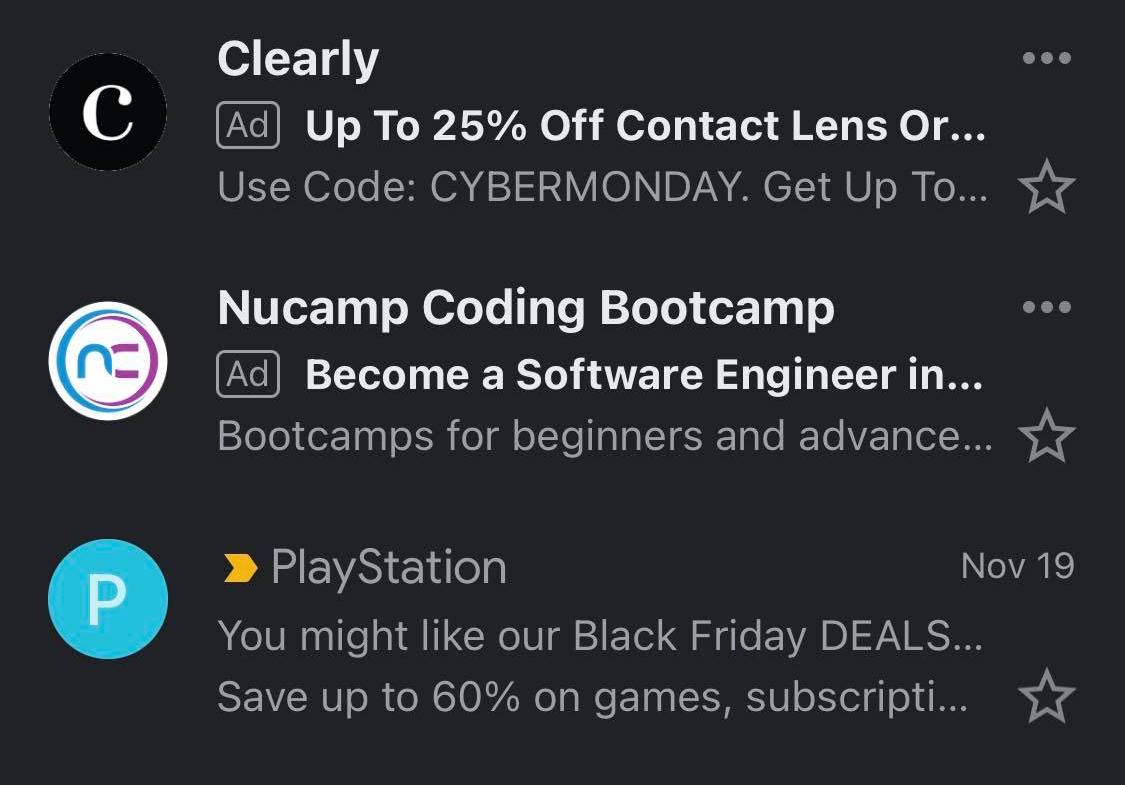 A screenshot of ads in a Gmail folder